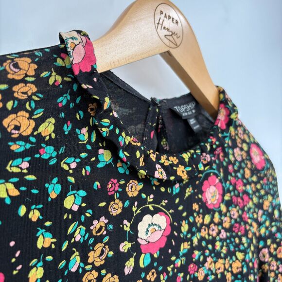 Topshop Floral Bell Sleeve Stretch Knit Boho Top Sz 2, Tie Back Hippie Whimsical - Picture 8 of 10